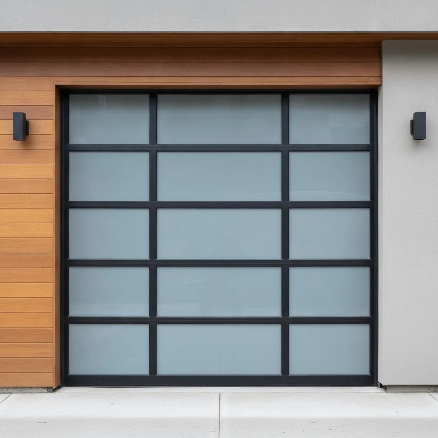 Modern full-view aluminum and glass garage door