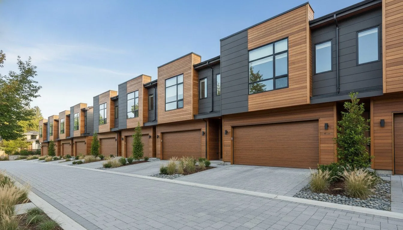 Row of West Vancouver strata townhomes with matching garage doors